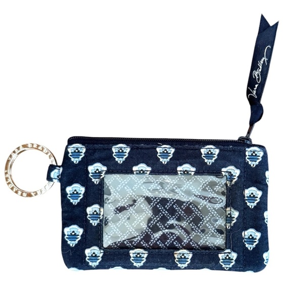 Vera Bradley Coin Card Case Zipper Key Ring Navy Blue White Clear Cover For ID - Picture 1 of 6